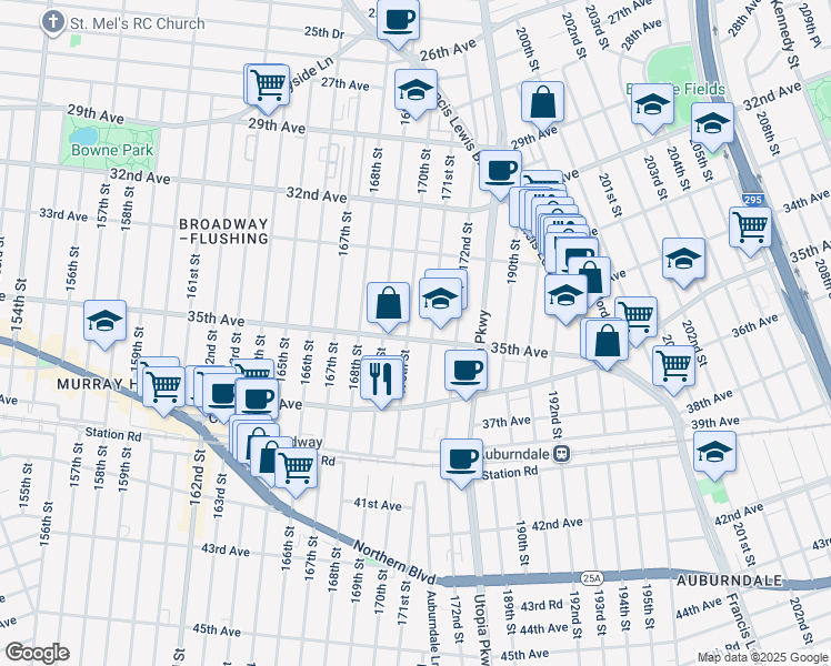 map of restaurants, bars, coffee shops, grocery stores, and more near 33-65 170th Street in Queens