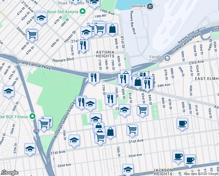 map of restaurants, bars, coffee shops, grocery stores, and more near 5984 Astoria Boulevard in Queens