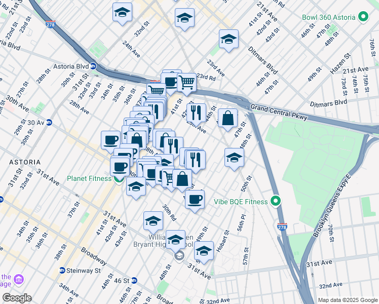 map of restaurants, bars, coffee shops, grocery stores, and more near 25-40 44th Street in Queens