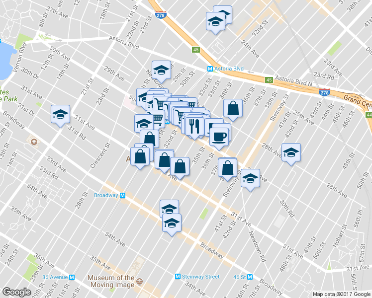 map of restaurants, bars, coffee shops, grocery stores, and more near 30-14 33rd Street in Queens