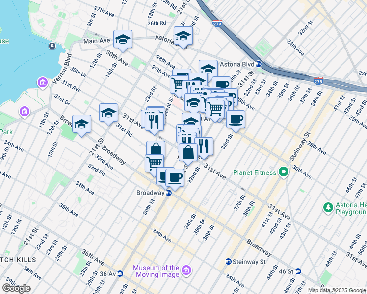 map of restaurants, bars, coffee shops, grocery stores, and more near 30-83 29th Street in Queens