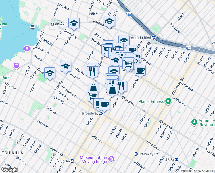 map of restaurants, bars, coffee shops, grocery stores, and more near 30-83 29th Street in Queens