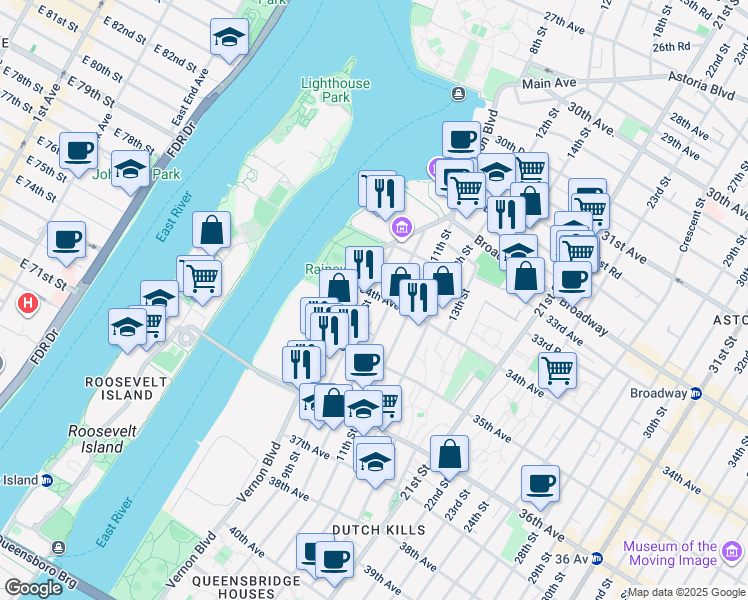 map of restaurants, bars, coffee shops, grocery stores, and more near 33-44 9th Street in Queens