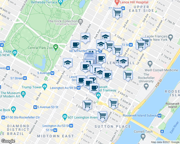 map of restaurants, bars, coffee shops, grocery stores, and more near 140 East 65th Street in New York