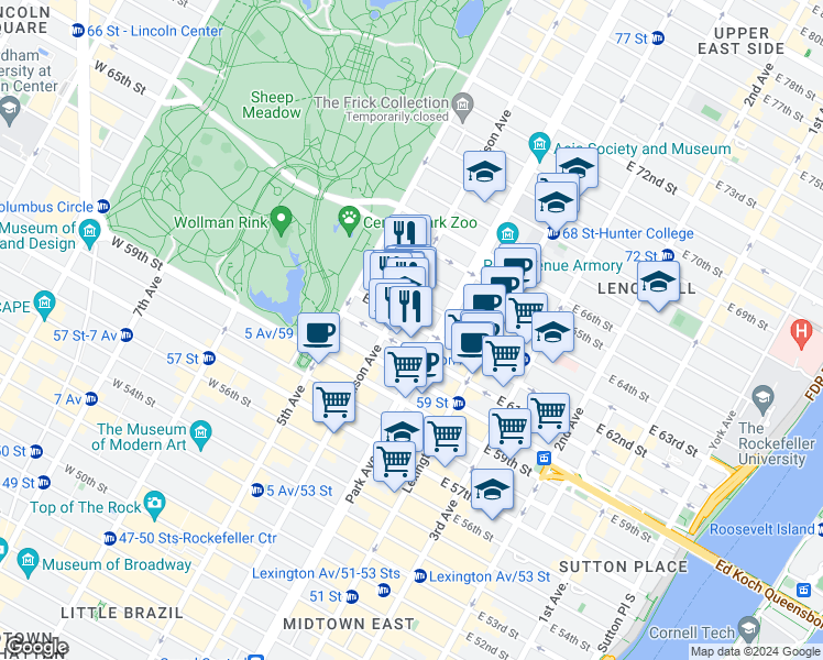 map of restaurants, bars, coffee shops, grocery stores, and more near 709 Madison Avenue in New York