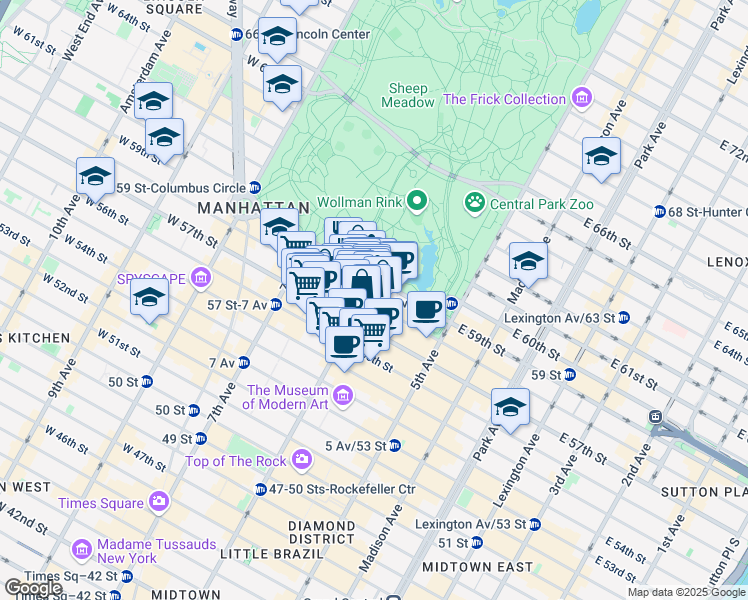 map of restaurants, bars, coffee shops, grocery stores, and more near 105 West 58th Street in New York