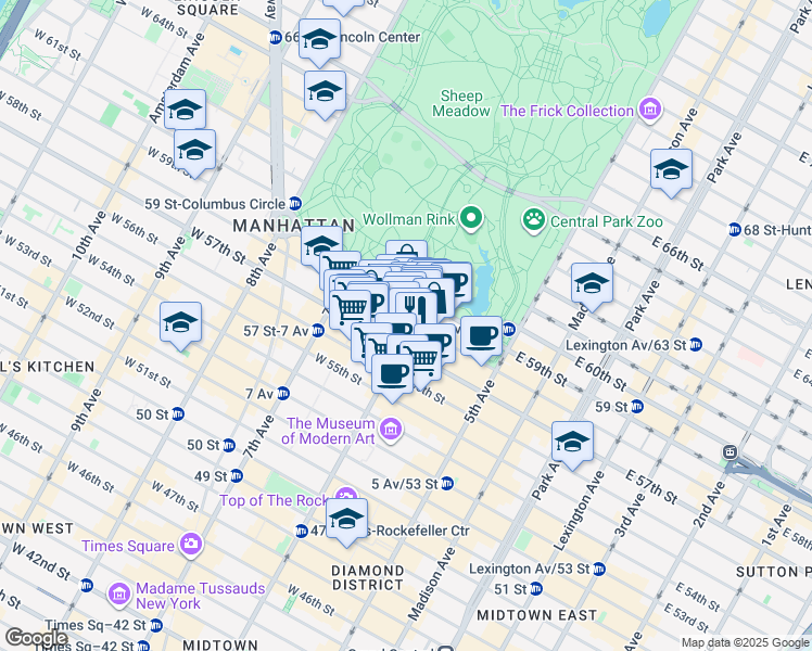 map of restaurants, bars, coffee shops, grocery stores, and more near 105 West 58th Street in New York