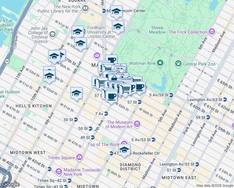 map of restaurants, bars, coffee shops, grocery stores, and more near 146 West 57th Street in New York