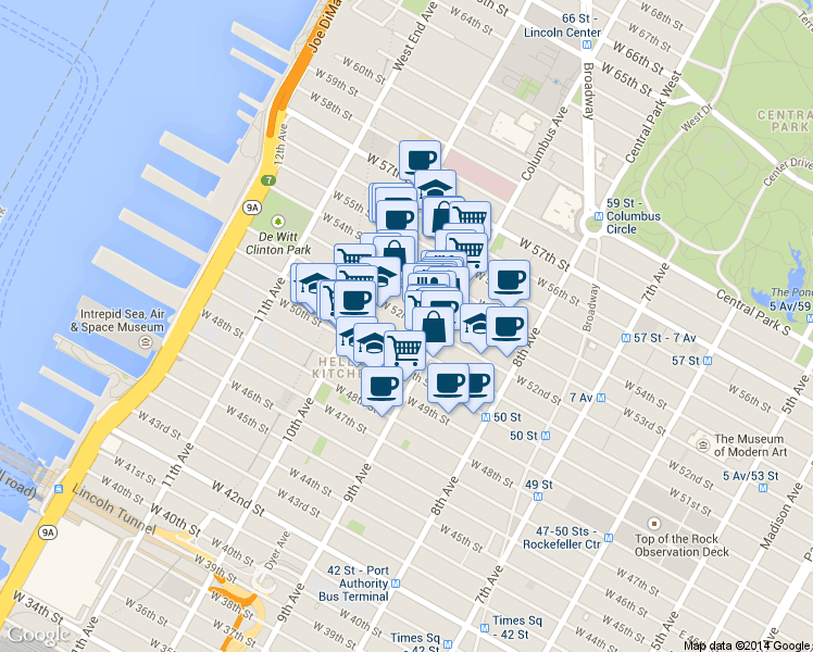 map of restaurants, bars, coffee shops, grocery stores, and more near 427 West 52nd Street in New York