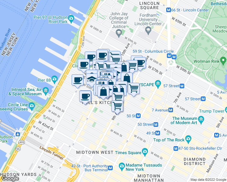 map of restaurants, bars, coffee shops, grocery stores, and more near 458 West 52nd Street in New York