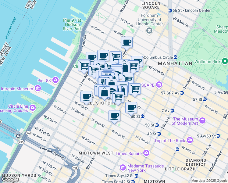map of restaurants, bars, coffee shops, grocery stores, and more near in New York