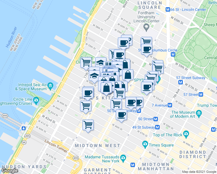 map of restaurants, bars, coffee shops, grocery stores, and more near in New York
