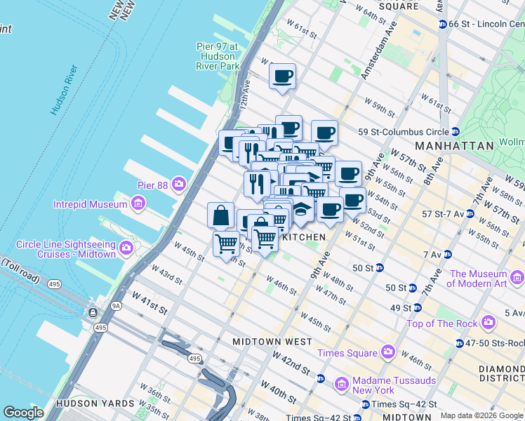 map of restaurants, bars, coffee shops, grocery stores, and more near 533 West 50th Street in New York