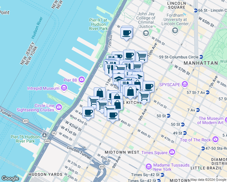 map of restaurants, bars, coffee shops, grocery stores, and more near 533 West 50th Street in New York