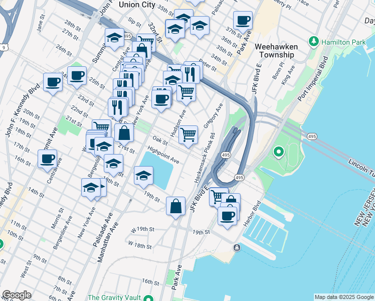 map of restaurants, bars, coffee shops, grocery stores, and more near 104 Shippen Street in Weehawken