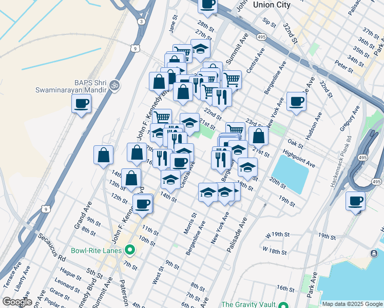 map of restaurants, bars, coffee shops, grocery stores, and more near 1800 Summit Avenue in Union City