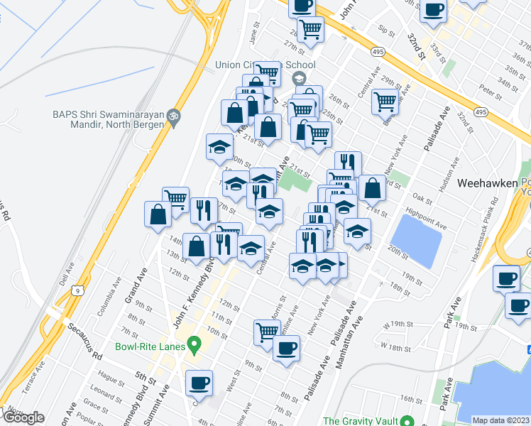 map of restaurants, bars, coffee shops, grocery stores, and more near 1800 Summit Avenue in Union City