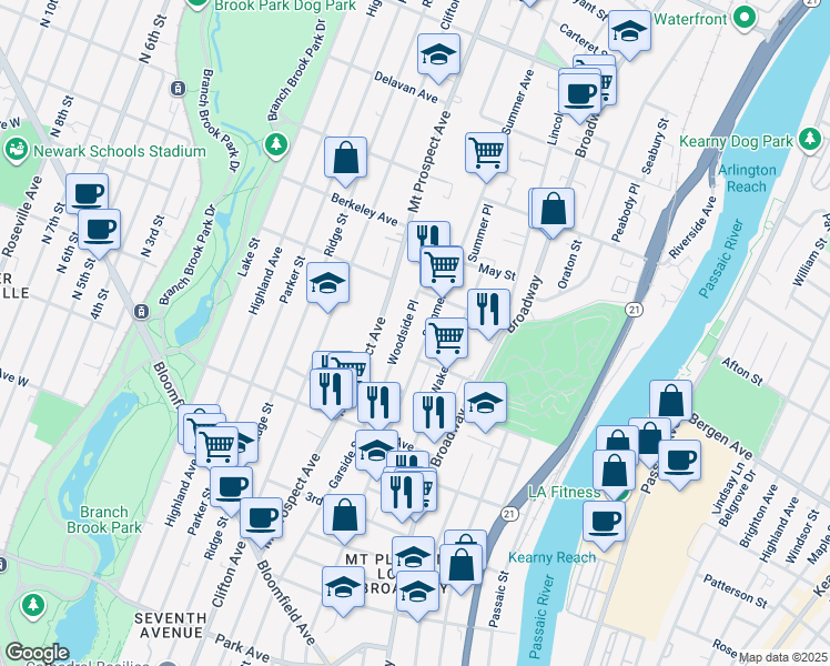 map of restaurants, bars, coffee shops, grocery stores, and more near 73 Woodside Place in Newark