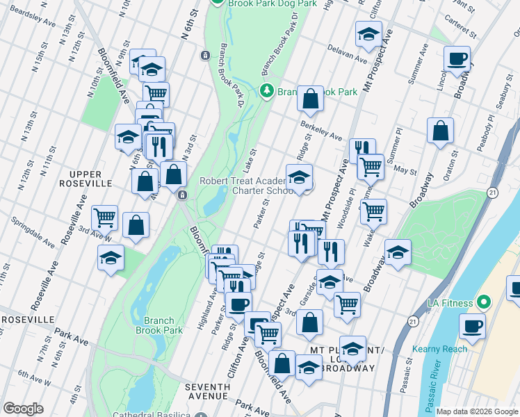 map of restaurants, bars, coffee shops, grocery stores, and more near 275-277 Highland Avenue in Newark