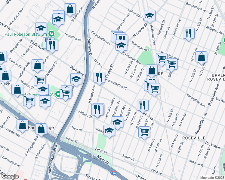 map of restaurants, bars, coffee shops, grocery stores, and more near 81 Warrington Place in East Orange