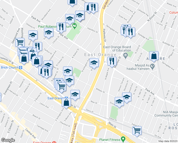 map of restaurants, bars, coffee shops, grocery stores, and more near 195 North Munn Avenue in East Orange