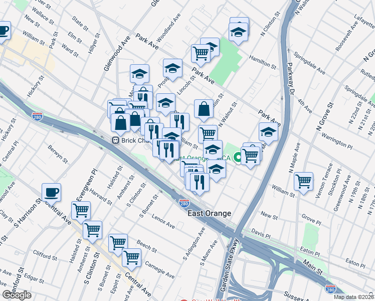 map of restaurants, bars, coffee shops, grocery stores, and more near 426 William Street in East Orange