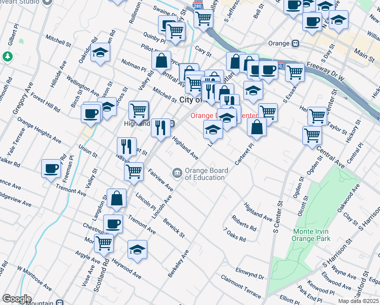 map of restaurants, bars, coffee shops, grocery stores, and more near 463 Highland Avenue in City of Orange