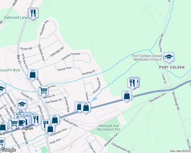map of restaurants, bars, coffee shops, grocery stores, and more near 35 President Drive in Washington