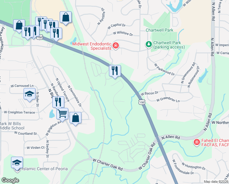 map of restaurants, bars, coffee shops, grocery stores, and more near 6437 North Jamestown Road in Peoria