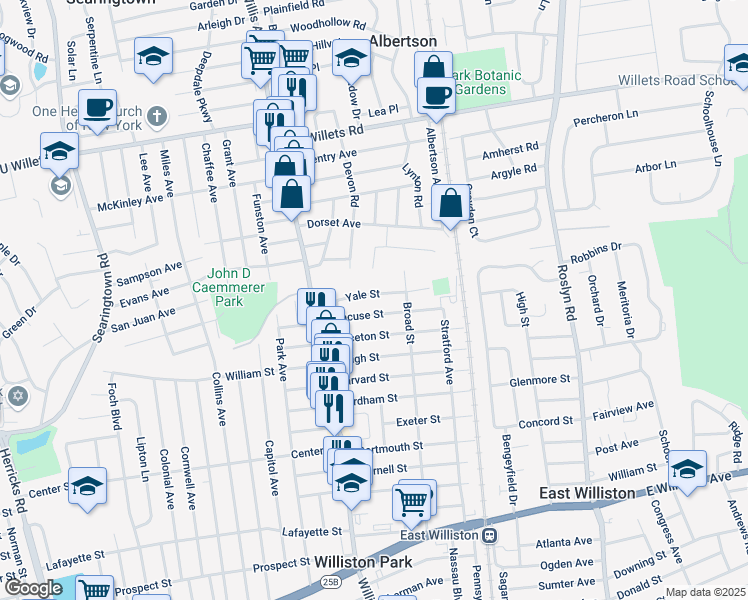 map of restaurants, bars, coffee shops, grocery stores, and more near 77 Yale Street in Williston Park