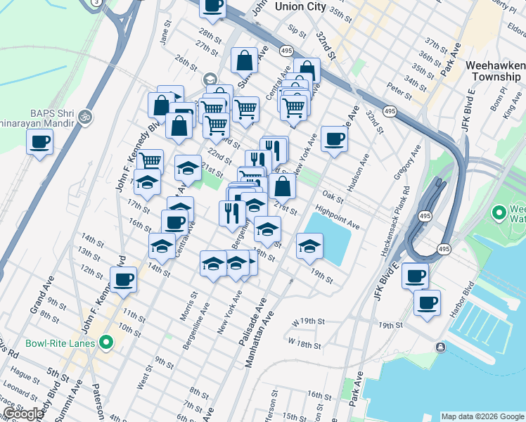 map of restaurants, bars, coffee shops, grocery stores, and more near 2025 Bergenline Avenue in Union City