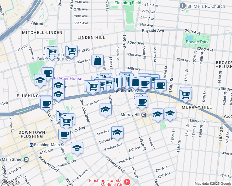 map of restaurants, bars, coffee shops, grocery stores, and more near 147-20 Northern Boulevard in Queens
