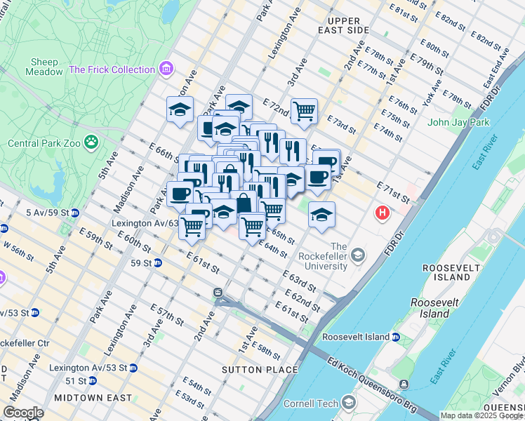 map of restaurants, bars, coffee shops, grocery stores, and more near 266 East 66th Street in New York