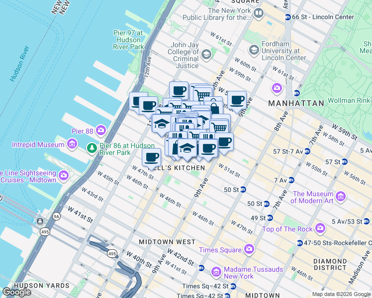 map of restaurants, bars, coffee shops, grocery stores, and more near 464 West 51st Street in New York