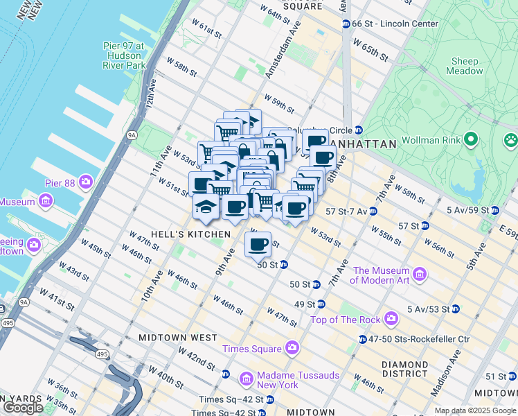 map of restaurants, bars, coffee shops, grocery stores, and more near in New York