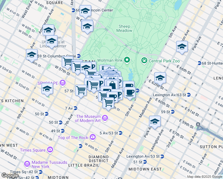 map of restaurants, bars, coffee shops, grocery stores, and more near Ave of the Americas & W 58th St in New York