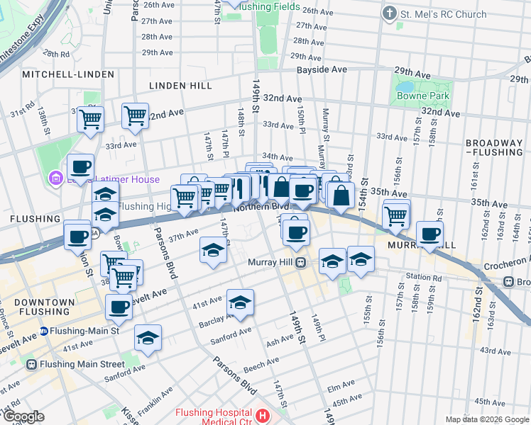 map of restaurants, bars, coffee shops, grocery stores, and more near 35-35 149th Place in Queens