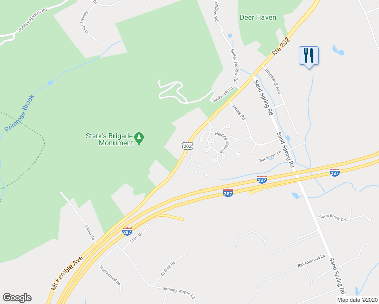 map of restaurants, bars, coffee shops, grocery stores, and more near 1 Shadowbrook Lane in Morristown