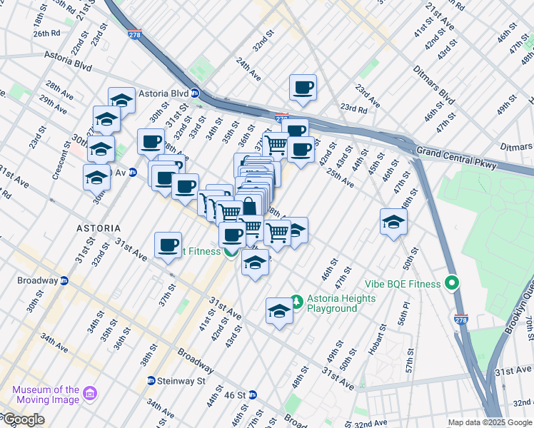 map of restaurants, bars, coffee shops, grocery stores, and more near 40-12 28th Avenue in Queens