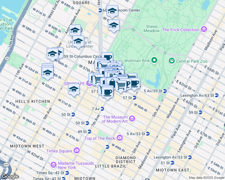 map of restaurants, bars, coffee shops, grocery stores, and more near 1752 Broadway in New York