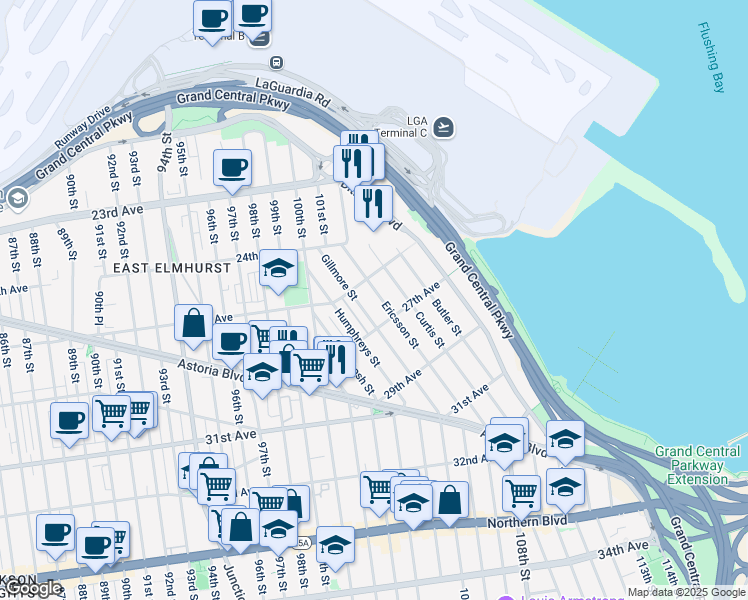 map of restaurants, bars, coffee shops, grocery stores, and more near 25-2 Ericsson Street in Queens