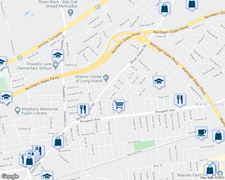 map of restaurants, bars, coffee shops, grocery stores, and more near 13 1st Street in Westbury