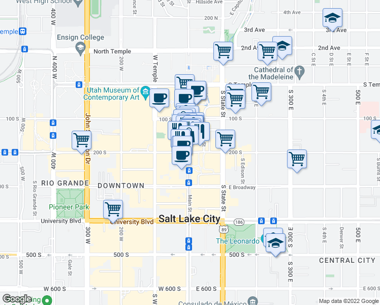 map of restaurants, bars, coffee shops, grocery stores, and more near 6 East 200 South in Salt Lake City