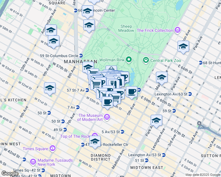 map of restaurants, bars, coffee shops, grocery stores, and more near 105 West 58th Street in New York