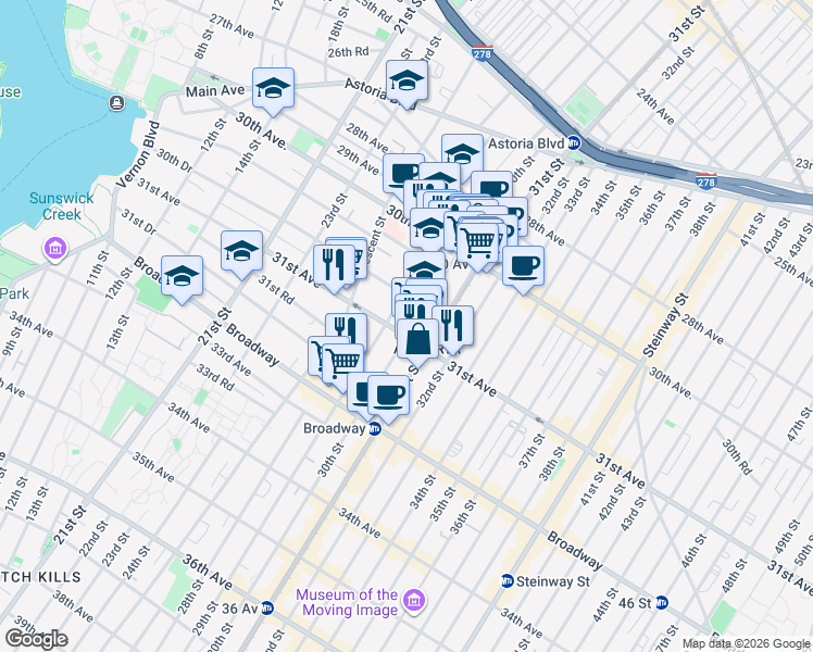 map of restaurants, bars, coffee shops, grocery stores, and more near 30-83 29th Street in Queens