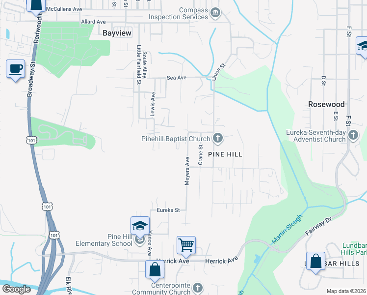map of restaurants, bars, coffee shops, grocery stores, and more near 4640 Meyers Avenue in Eureka