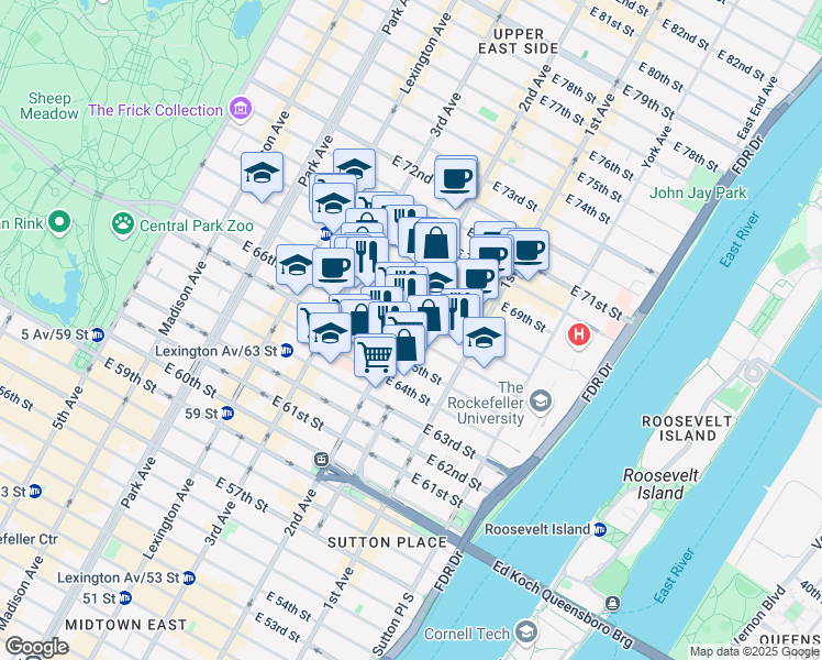 map of restaurants, bars, coffee shops, grocery stores, and more near 301 East 66th Street in New York