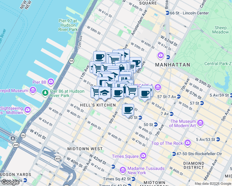 map of restaurants, bars, coffee shops, grocery stores, and more near 417 West 52nd Street in New York