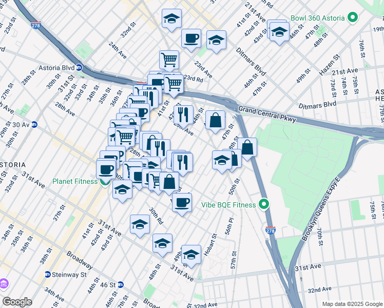 map of restaurants, bars, coffee shops, grocery stores, and more near 25-35 45th Street in Queens