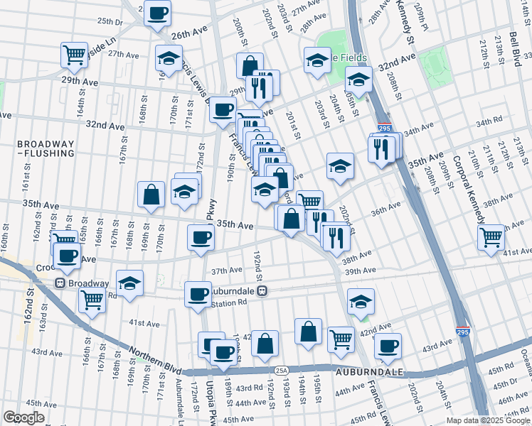 map of restaurants, bars, coffee shops, grocery stores, and more near 34-65 192nd Street in Queens